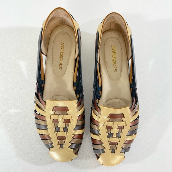 Huarache Sandals Gold Bronze Copper Pewter Metallic Leather Softspots 7.5 Flats - Picture 3 of 14